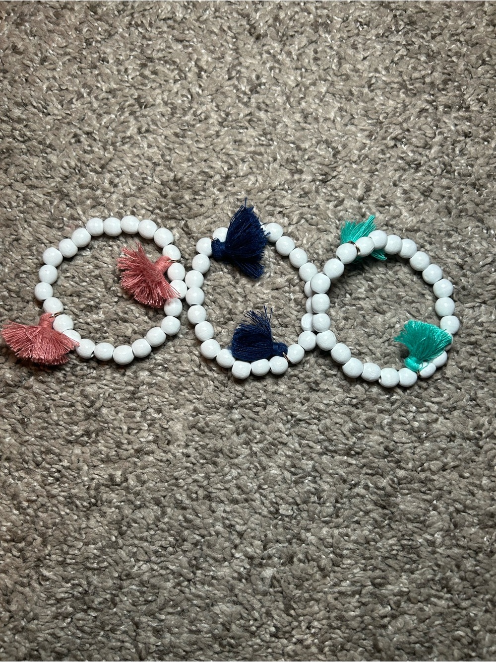 3 Pc White Beaded Bracelet Set with Pink, Navy and Teal Tassels
